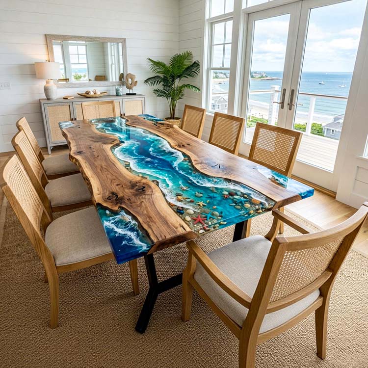 Live Edge Dining Room Table Walnut Tropical Teal Rectangular Live Edge Beach Dining Table ECT-316