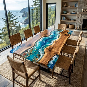 Live Edge Dining Room Table Walnut Tropical Teal Rectangular Live Edge Beach Dining Table ECT - 316 - Elitecustomtable