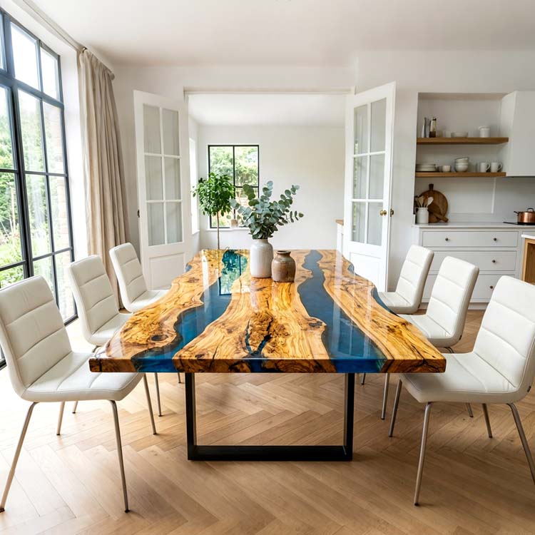 Live Edge Dining Table Olive Wood Steel Blue Rectangular Live Edge Epoxy Dining Table ECT-306