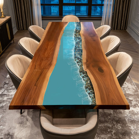 Live Edge Dining Table Walnut Ocean Wave Teal Rectangular Live Edge Dining Table ECT - 298 - Elitecustomtable