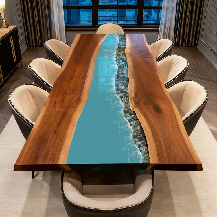 Live Edge Dining Table Walnut Ocean Wave Teal Rectangular Live Edge Dining Table ECT-298