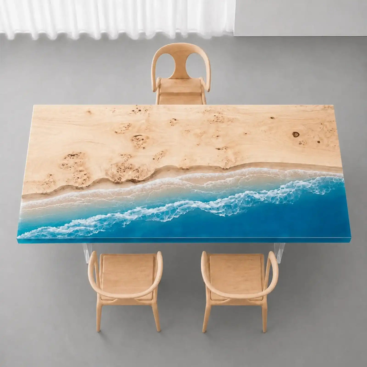 Live edge poplar dining table with a bright blue resin shoreline effect