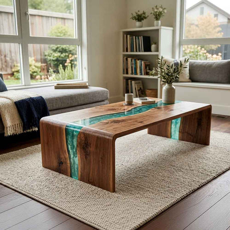 Natural wood coffee table featuring a flowing blue resin inlay across the tabletop