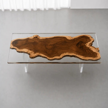 Long wood slab desk with clear resin detailing and sturdy black metal legs