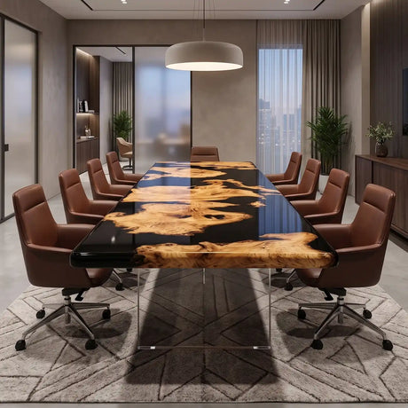Luxury rectangular conference table featuring striking golden wood accents embedded in glossy black epoxy resin for a sophisticated corporate workspace