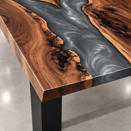 Luxury executive meeting room featuring a black walnut and smoky gray epoxy river conference table with premium leather seating and panoramic city views