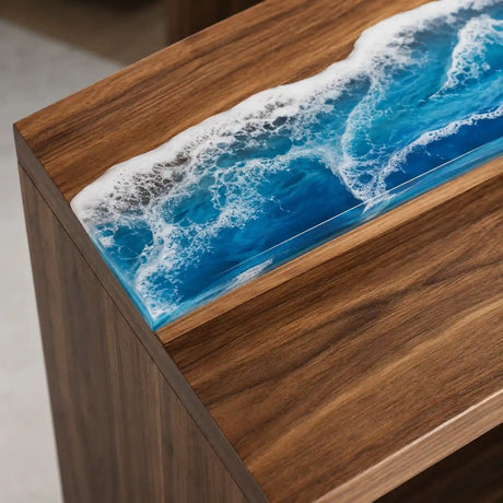 Luxury office reception desk with a striking blue epoxy ocean design, layered white seafoam effects, and contemporary walnut wood construction
