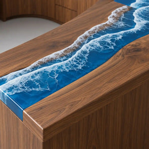 Luxury ocean wave epoxy reception counter with a sculptural curved wooden facade, realistic coastal resin artwork, and a contemporary office design