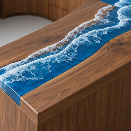 Luxury ocean wave epoxy reception counter with a sculptural curved wooden facade, realistic coastal resin artwork, and a contemporary office design