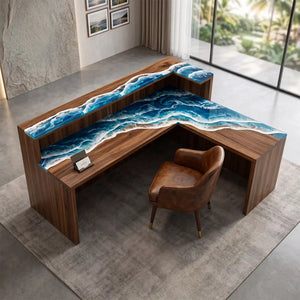 Modern L-shaped walnut reception counter featuring a raised transaction ledge, blue ocean wave resin inlays, and solid wood front panels