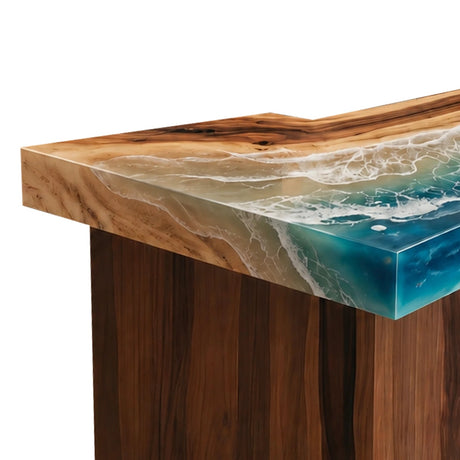 Modern walnut office reception desk with a striking blue epoxy ocean countertop, natural wood front panels, and a minimalist black plinth base