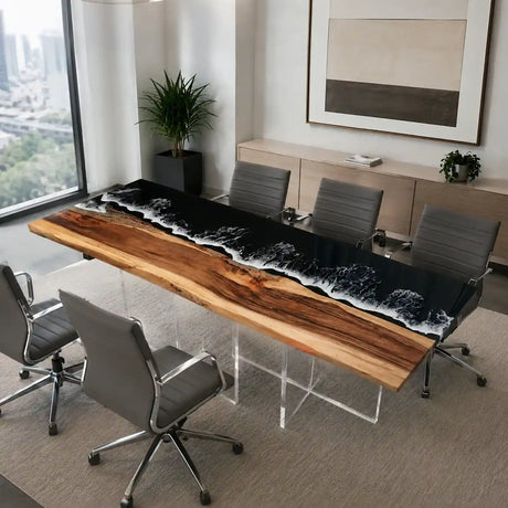 Modern walnut and black epoxy conference table supported by transparent acrylic pedestal legs and surrounded by black leather office chairs