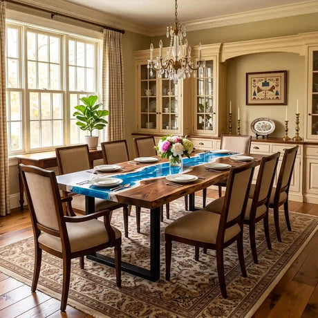 Modern walnut dining table with a glossy blue resin river centerpiece