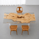 Natural burl poplar desk with a glossy clear resin border and organic live edge