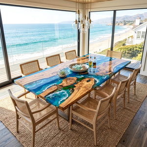 Ocean Epoxy Table Olive Wood Archipelago Blue Rectangular Straight Edge Dining Table ECT - 318 - Elitecustomtable