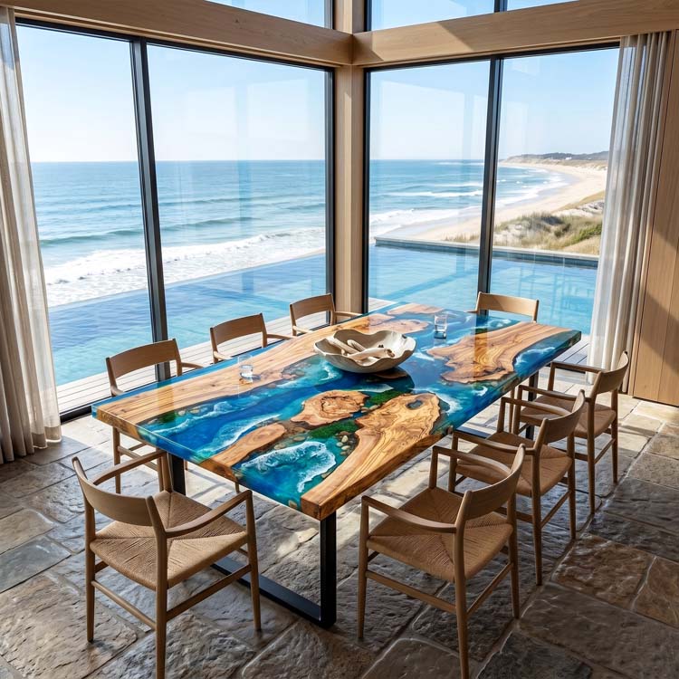 Ocean Epoxy Table Olive Wood Archipelago Blue Rectangular Straight Edge Dining Table ECT-318