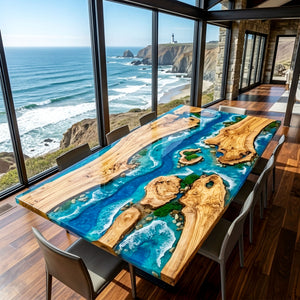 Ocean Epoxy Table Olive Wood Archipelago Blue Rectangular Straight Edge Dining Table ECT - 318 - Elitecustomtable