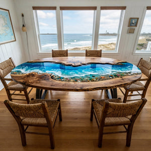 Ocean Epoxy Table Walnut Azure Ocean Blue Oval Straight Edge Beach Dining Table ECT - 313 - Elitecustomtable