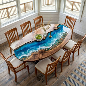 Ocean Epoxy Table Walnut Azure Ocean Blue Oval Straight Edge Beach Dining Table ECT - 313 - Elitecustomtable