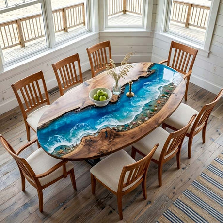 Ocean Epoxy Table Walnut Azure Ocean Blue Oval Straight Edge Beach Dining Table ECT - 313 - Elitecustomtable