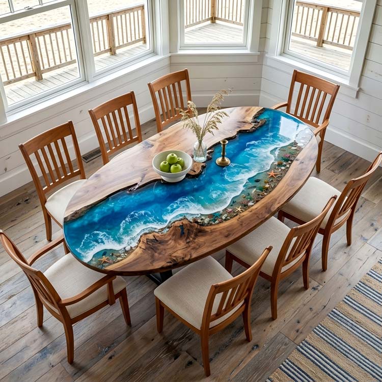 Ocean Epoxy Table Walnut Azure Ocean Blue Oval Straight Edge Beach Dining Table ECT-313