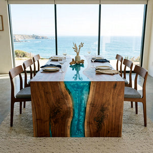 Ocean Epoxy Table Walnut Ocean Teal Pearl Rectangular Straight Edge Waterfall Dining Table ECT - 312 - Elitecustomtable