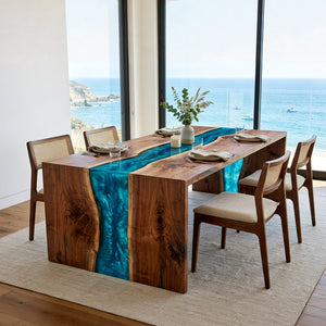 Ocean Epoxy Table Walnut Ocean Teal Pearl Rectangular Straight Edge Waterfall Dining Table ECT - 312 - Elitecustomtable