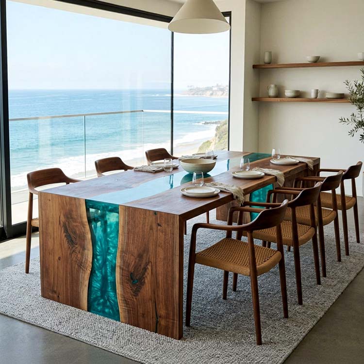Ocean Epoxy Table Walnut Ocean Teal Pearl Rectangular Straight Edge Waterfall Dining Table ECT-312