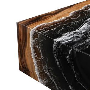 Ocean-inspired walnut epoxy waterfall table featuring realistic white crashing waves across deep black resin and continuous waterfall edge detailing