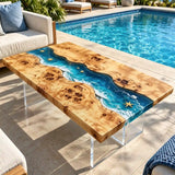 Live edge poplar coffee table showcasing a coastal-inspired resin river with turquoise blue water, delicate white waves, and organic wood contours