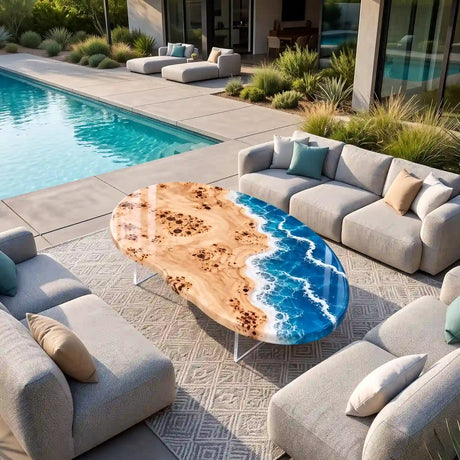 Live edge poplar coffee table showcasing turquoise blue resin waves, organic shoreline contours, and warm golden wood tones