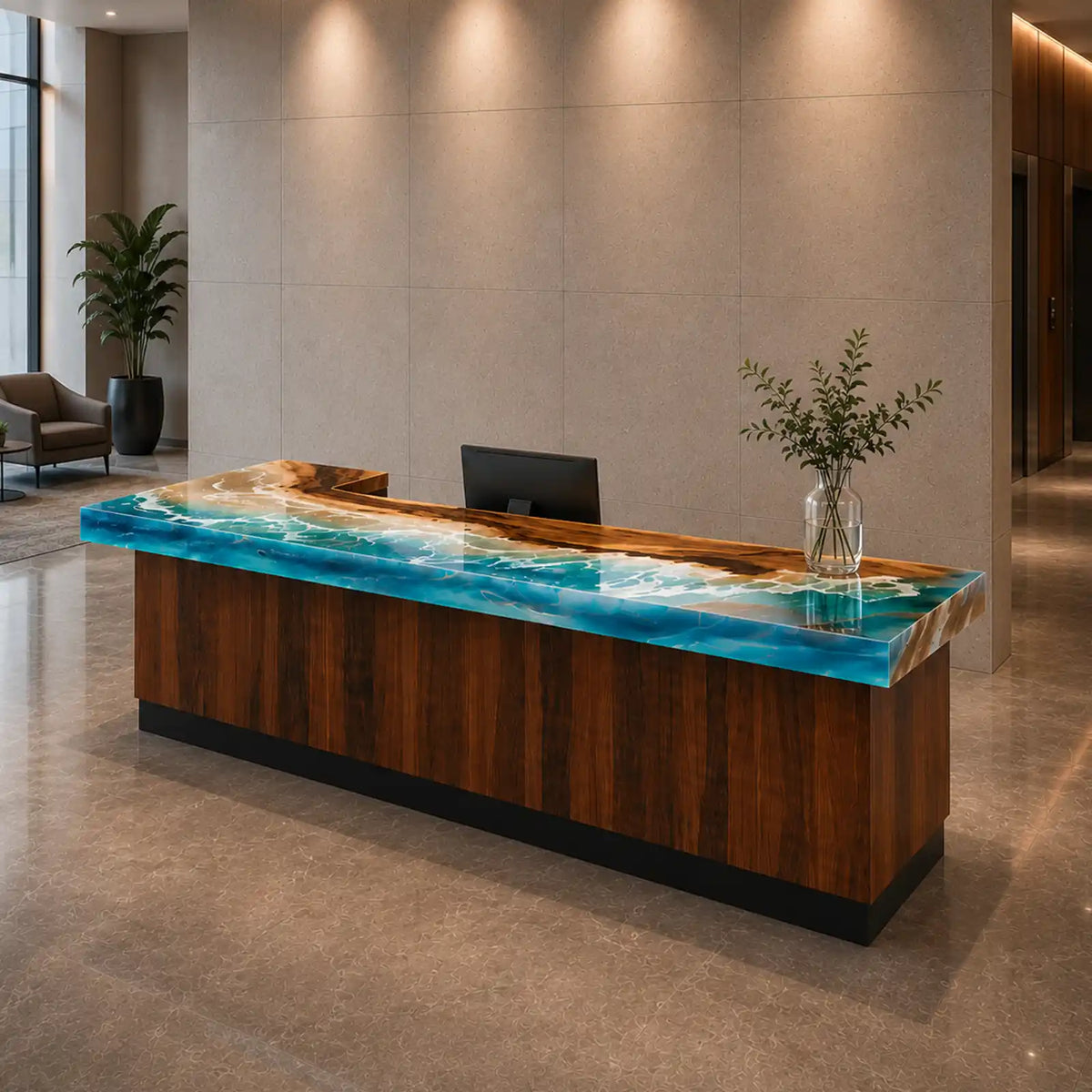 Luxury walnut reception counter showcasing realistic white seafoam waves flowing through turquoise blue resin and warm natural wood