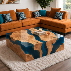 Olive Wood Blue Epoxy Resin Coffee Table Set | ECT-386 - Elitecustomtable
