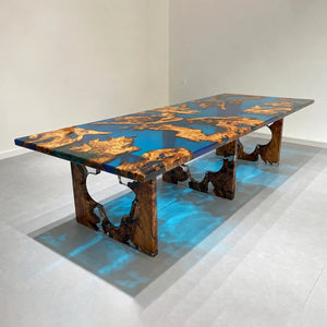 Olive Wood Blue Epoxy Resin Dining Table Straight Edge | ECT-381 - Elitecustomtable