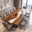 Handcrafted olive wood conference table featuring a flowing white epoxy resin river, dramatic natural wood grain, and an elegant polished finish