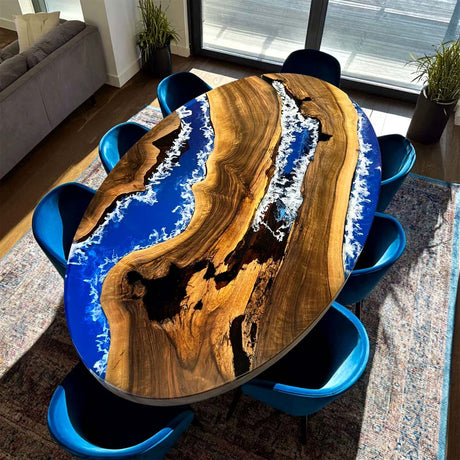 epoxy and wood oval dinning table