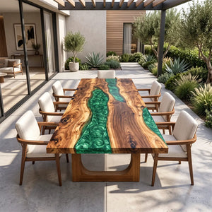 Custom Walnut Green Epoxy Resin Patio Dining Table | ECT-414