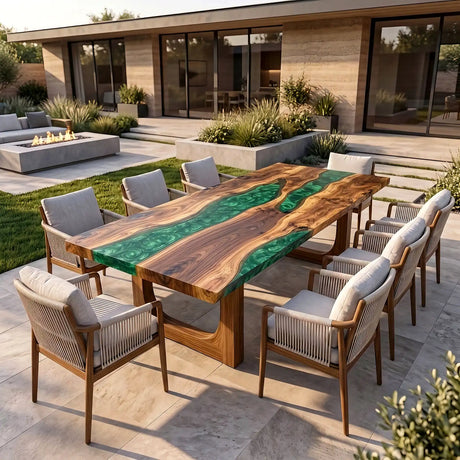Custom Walnut Green Epoxy Resin Patio Dining Table | ECT-414