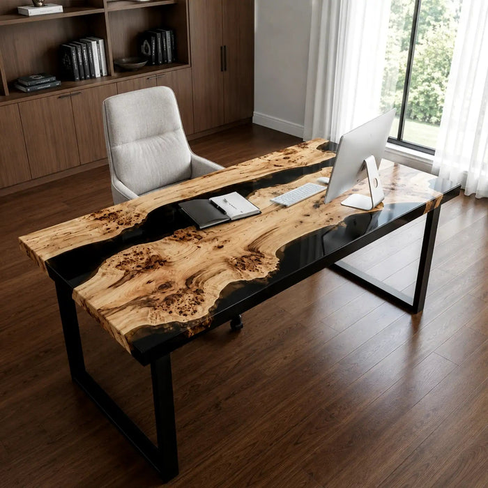 Custom Poplar Office Desk with Black Epoxy Resin Straight Edge | ECT-366