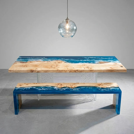 Poplar wood dining table and bench with glossy blue ocean resin wave inlays