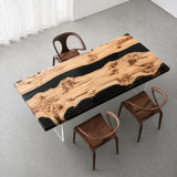 Poplar burl wood desk with glossy black resin accents and black metal legs