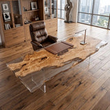 Poplar live edge office desk with natural burl grain set in a clear resin surface