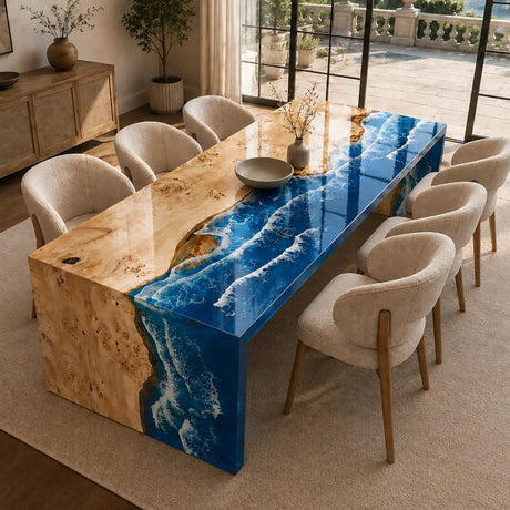 Poplar Ocean Waterfall Epoxy Resin Dining Table | ECT-384 - Elitecustomtable