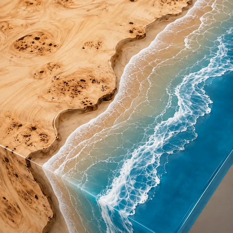 Poplar and blue ocean resin desk with a waterfall edge and clear support legs