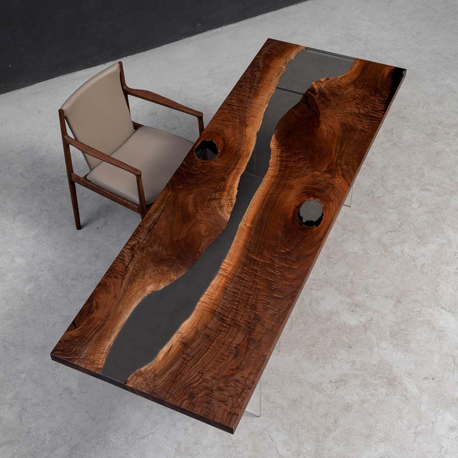Elite Walnut Wood & Gray - Transparent Epoxy River Dining Table ECT-46