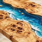Rectangular poplar epoxy river coffee table with a winding blue resin channel, realistic white seafoam, and embedded coastal decorations