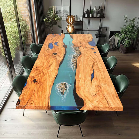 RiverFlow Walnut Wood & Transparent Blue Epoxy Dining Table ECT - 125 - Elitecustomtable