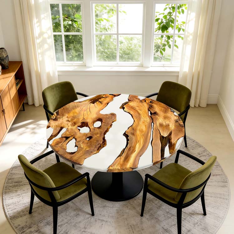 Round Epoxy Table Olive Wood Pearl White Round Straight Edge Dining Table ECT-303