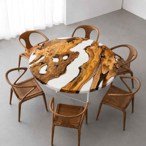 Round Epoxy Table Olive Wood Pearl White Round Straight Edge Dining Table ECT-303 - Elitecustomtable