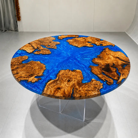 Round Olive Wood Blue Epoxy Resin Dining Table | ECT-380 - Elitecustomtable